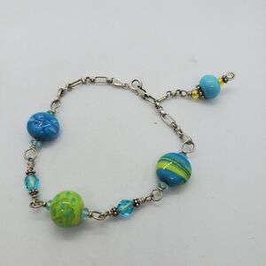 Sterling Silver and Blue and Green Glass Bead Bracelet 8" Long 925